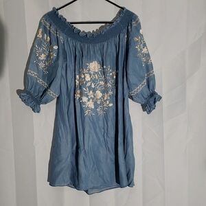 Zara Woman ' Bardot' Chambray Floral Embroidered Women's Dress Size Large.